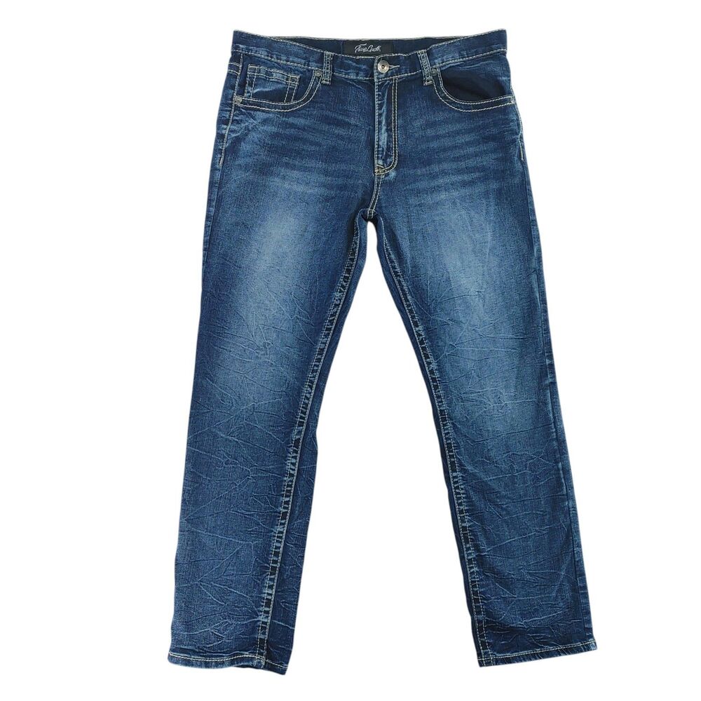 True Luck Jeans Men's 38/32 Blue Stretch Denim Straight Thick Stitching